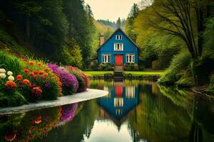 un azul casa es reflejado en el agua. generado por ai foto