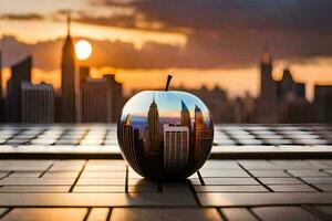 an apple with a city skyline in the background. AI-Generated photo