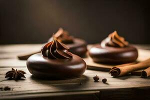 chocolate donuts on a wooden table. AI-Generated photo