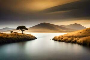 a lone tree stands on the edge of a lake. AI-Generated photo