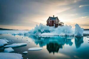 a house sits on top of an iceberg in the middle of the water. AI-Generated photo