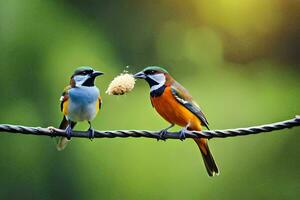 two birds sitting on a wire with a bird feeder. AI-Generated photo