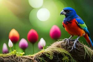 a colorful bird is sitting on top of a moss covered stump. AI-Generated photo