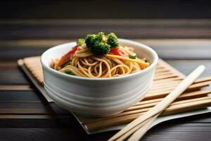 chinese noodles in a bowl with chopsticks. AI-Generated photo