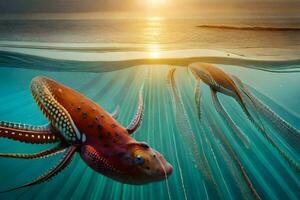 two squid swimming in the ocean at sunset. AI-Generated photo