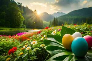 vistoso Pascua de Resurrección huevos en el césped con un lago y montañas. generado por ai foto