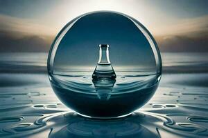 a bottle of water sitting in a glass ball. AI-Generated photo