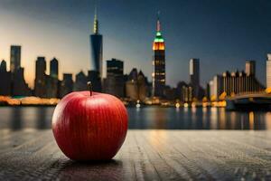 un manzana en un mesa en frente de el Manhattan horizonte. generado por ai foto