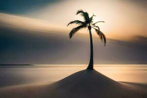 a lone palm tree stands on the beach at sunset. AI-Generated photo