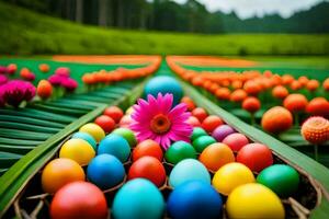 colorful eggs and flowers in a field. AI-Generated photo