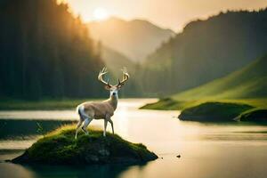 a deer stands on a rock in the middle of a lake. AI-Generated photo