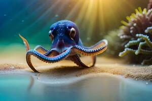 an octopus is sitting on the sand with a sun shining. AI-Generated photo
