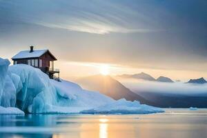 a small cabin sits on top of an iceberg in the middle of the ocean. AI-Generated photo