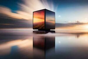a computer monitor is sitting on top of a lake. AI-Generated photo