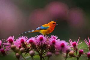 a colorful bird sits on top of some pink flowers. AI-Generated photo