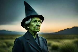 un antiguo mujer en un bruja sombrero soportes en el medio de un campo. generado por ai foto