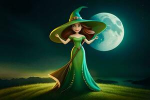 a cartoon witch in green dress standing on a hill with the moon in the background. AI-Generated photo