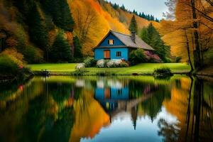 a blue house sits on the edge of a lake. AI-Generated photo