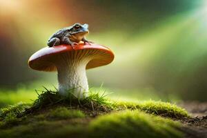 frog sitting on top of a red mushroom. AI-Generated photo