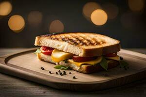 a grilled sandwich on a wooden cutting board. AI-Generated photo