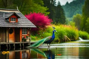 a peacock stands in front of a house on the water. AI-Generated photo
