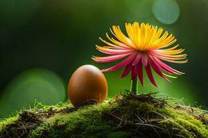a flower and an egg on a mossy ground. AI-Generated photo