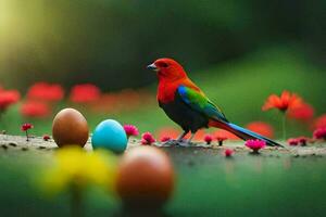 a colorful bird is standing on the ground near colorful eggs. AI-Generated photo