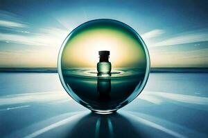 un botella de perfume sentado en un vaso esfera. generado por ai foto