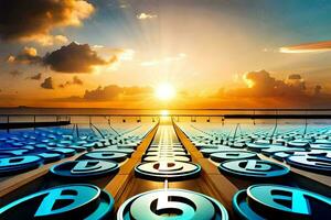 a row of numbers on the beach at sunset. AI-Generated photo