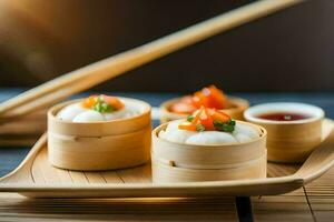 chinese food in bamboo containers on a wooden tray. AI-Generated photo