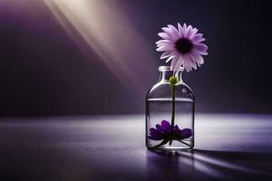 púrpura flor en un vaso botella con ligero brillante a través de. generado por ai foto