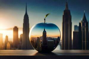 an apple with a cityscape in the middle. AI-Generated photo
