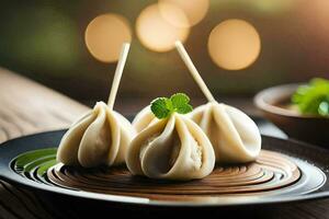 three dumplings on a black plate with toothpicks. AI-Generated photo