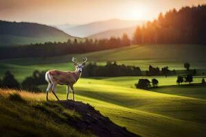 a deer stands on a hill overlooking a green field. AI-Generated photo