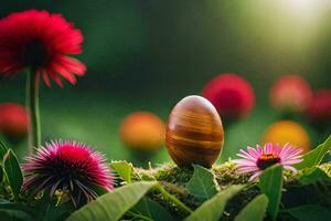 an egg sitting on top of some flowers. AI-Generated photo