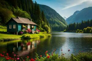 a small cabin sits on the shore of a lake surrounded by trees. AI-Generated photo