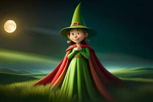 a cartoon witch in a green dress and red cloak standing in the grass. AI-Generated photo