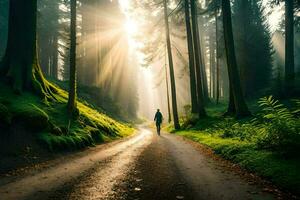 man walking on a path in the forest at sunrise. AI-Generated photo