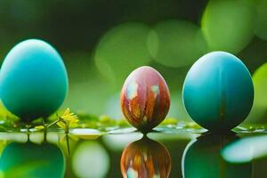 Tres huevos son sentado en un estanque con verde hojas. generado por ai foto