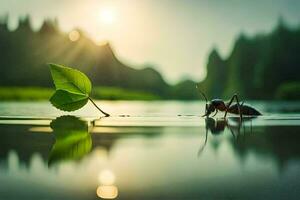 a small ant is standing on the water with a leaf. AI-Generated photo