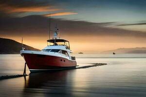 a red boat is docked in the water at sunset. AI-Generated photo