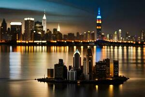 un ciudad horizonte es reflejado en el agua a noche. generado por ai foto