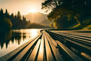 a wooden boardwalk leads to a lake and mountains. AI-Generated photo