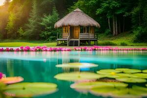 a hut with thatched roof sits on the edge of a pond with lily pads. AI-Generated photo