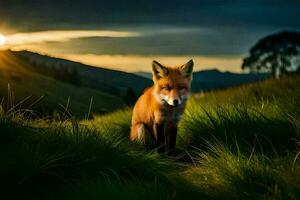 un zorro se sienta en el césped a puesta de sol. generado por ai foto