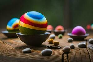 colorful eggs on a wooden table. AI-Generated photo