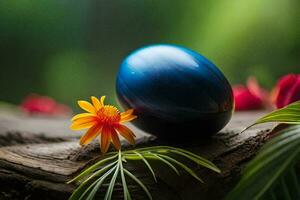 a blue egg sitting on top of a tree branch. AI-Generated photo