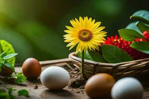 a basket with eggs, flowers and leaves on a table. AI-Generated photo