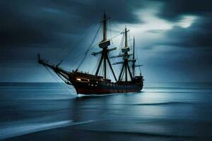 a tall ship sailing in the ocean at night. AI-Generated photo