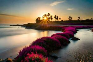 the sun rises over the ocean and pink flowers bloom on the shore. AI-Generated photo